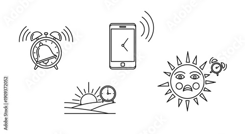 Sunrise Alarm Clock, Smartphone, and Sun Icons: Wake Up Concept