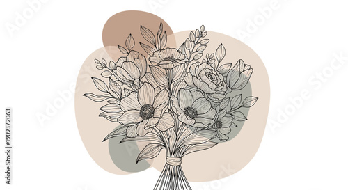 Minimalist Floral Bouquet Line Art with Abstract Shapes