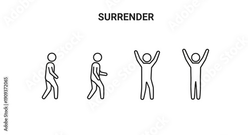 Surrender Concept: Stick Figures Progressing from Walking to Arms Raised in Victory or Defeat