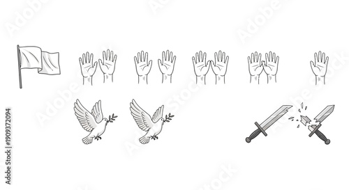 Symbols of peace, surrender, and conflict: doves, white flag, open hands, broken sword
