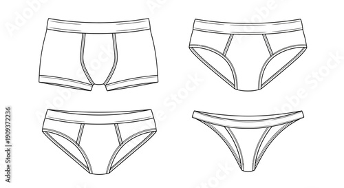 Set of Underwear Styles: Boxer Briefs, Briefs, and Thong - Line Art Fashion Illustration