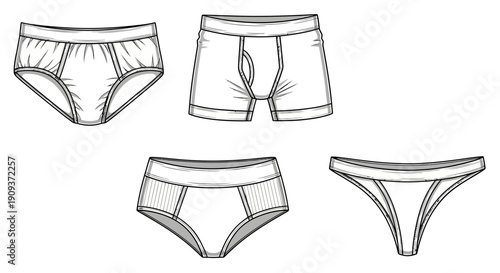 Set of Underwear Styles: Briefs, Boxer Briefs, Hipster, and Thong - Line Art Illustration