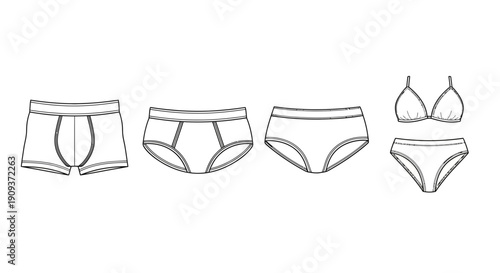 Set of Underwear Types: Boxer Briefs, Briefs, Hipsters, and Bra