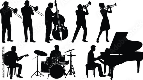 Jazz band musician silhouette set, trumpet trombone bass guitar drums and piano players, music concert performance, black vector illustration isolated on white background