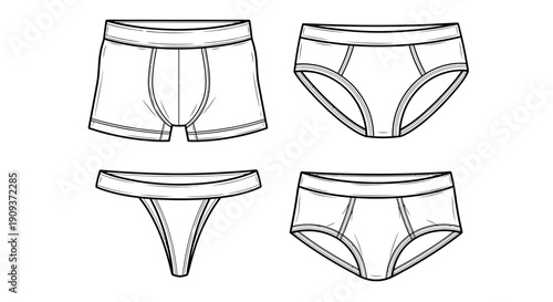 Set of Underwear Types: Boxer Briefs, Briefs, Thong, and Bikini - Line Art