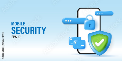 3D Mobile Security Concept Banner, Smartphone with Protective Shield and Padlocks for Cyber Security, Privacy Protection and Data Safety Landing Page UI UX Design Elements.