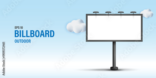 Outdoor Billboard Mockup Banner, Blank Vertical City Light Poster with Clouds for Advertising and Marketing Display, Real Estate Signage and Promotion Design Template on Blue Background.