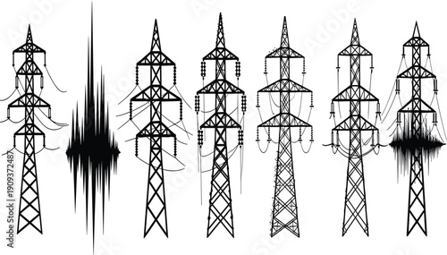 Industrial infrastructure silhouette set featuring transmission towers, gantry cranes, bridges, modern skyscrapers, and conceptual power grid icons for energy sector design.