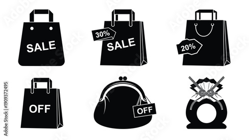 Silhouette icons of shopping bags and purses with discount tags for sales, promotions, and retail business marketing.