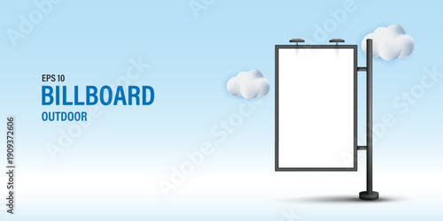 Outdoor Billboard Mockup Banner, Blank Vertical City Light Poster with Clouds for Advertising and Marketing Display, Real Estate Signage and Promotion Design Template on Blue Background.