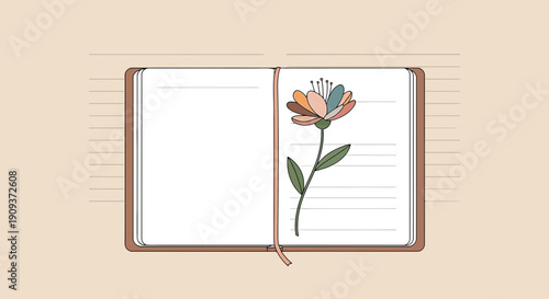 Minimalist Floral Illustration in Open Notebook, Flat Design