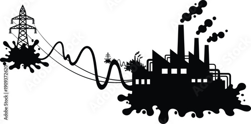 Industrial pollution silhouette, factory smoke, transmission tower, energy flow, environmental damage, black splash, power lines, urban infrastructure, vector illustration