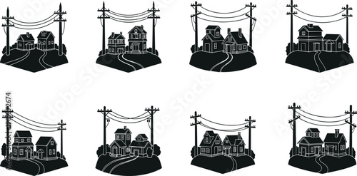 Industrial silhouette set featuring electrical utility poles, high voltage power towers, children playing, birds on wires, energy infrastructure, factory buildings,