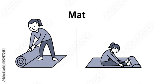 Woman rolling out and rolling up yoga mat for exercise and fitness