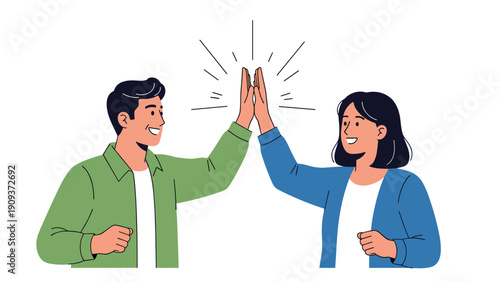 Man and woman giving each other a high five to celebrate a success, teamwork, or a job well done in a positive interaction.