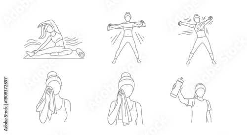 Woman's Fitness Routine: Stretching, Jumping Jacks, and Hydration Icons