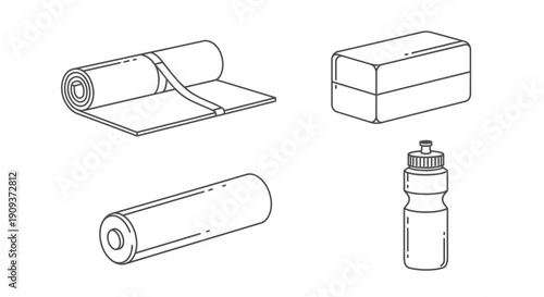 Yoga and Fitness Accessories: Mat, Foam Roller, Block, Water Bottle - Line Art