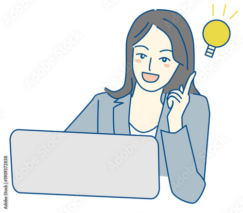 パソコン作業をしながらアイディアが閃いた表情のスーツの女性の線画