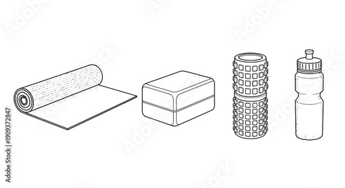 Yoga Mat, Block, Foam Roller, Water Bottle - Fitness Equipment Line Art