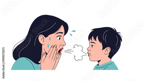 Surprised and sweating mother reacting to her young son breathing out a puff of air during an interaction at home.