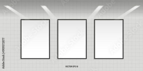 Gallery Poster Mockup Set, Three Blank Vertical Frames on Grid Wall with Spotlight, Art Exhibition Display Template and Interior Museum Presentation Background Vector Illustration.