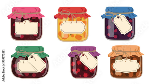 Set of six various fruit jam jars with colorful contents, decorative lids, and blank labels for sweet preserves.