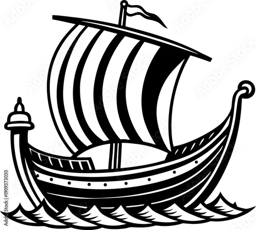 A detailed black and white illustration of a Viking ship sailing on the water. The ship is the primary subject, centered in the frame, and depicted from a slightly low angle, emphasizing its form. The