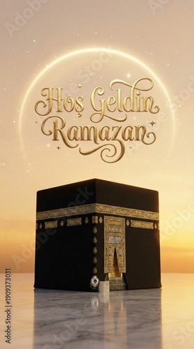Hos Geldin Ramazan – Golden Ramadan Greeting with Kaaba at Sunset