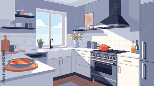 Bright and spacious modern kitchen interior with white cabinets, blue stove, and sunlight streaming through the window.