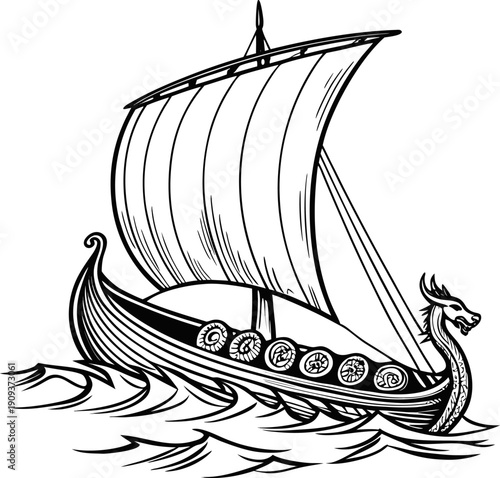A detailed black and white illustration of a Viking ship sailing on the water. The ship is the primary subject, centered in the frame, and depicted from a slightly low angle, emphasizing its form. The