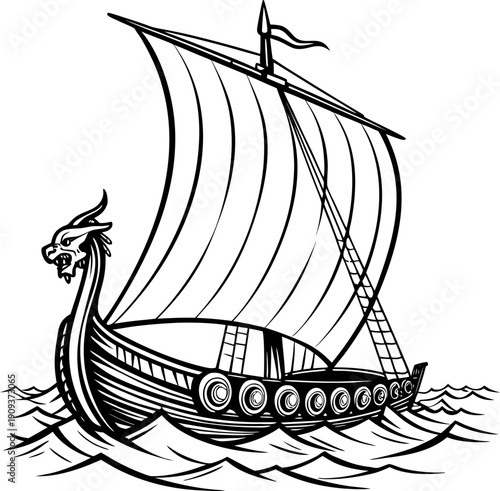 A detailed black and white illustration of a Viking ship sailing on the water. The ship is the primary subject, centered in the frame, and depicted from a slightly low angle, emphasizing its form. The