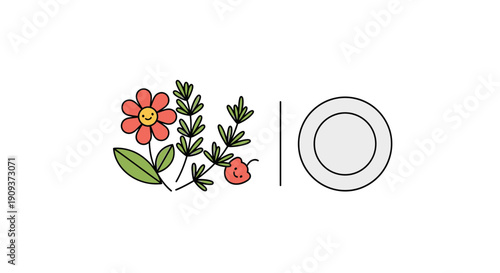 Minimalist Floral Illustration with Plate, Spring Bloom, Summer Garden, Autumn Bouquet