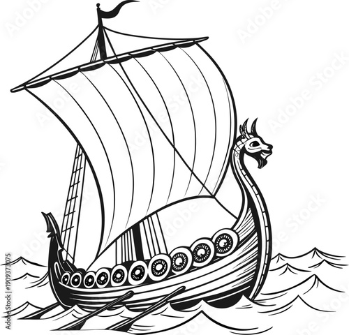 A detailed black and white illustration of a Viking ship sailing on the water. The ship is the primary subject, centered in the frame, and depicted from a slightly low angle, emphasizing its form. The
