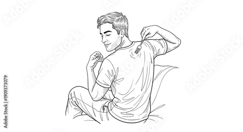 Man scratching his back with fork in line art illustration on white background
