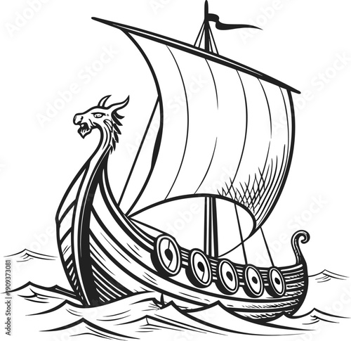 A detailed black and white illustration of a Viking ship sailing on the water. The ship is the primary subject, centered in the frame, and depicted from a slightly low angle, emphasizing its form. The