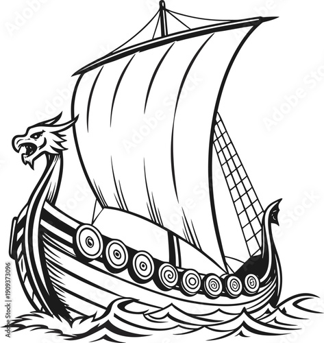 A detailed black and white illustration of a Viking ship sailing on the water. The ship is the primary subject, centered in the frame, and depicted from a slightly low angle, emphasizing its form. The