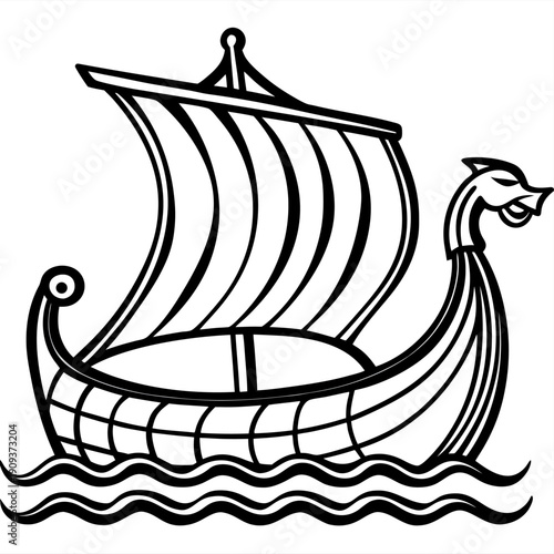 A detailed black and white illustration of a Viking ship sailing on the water. The ship is the primary subject, centered in the frame, and depicted from a slightly low angle, emphasizing its form. The
