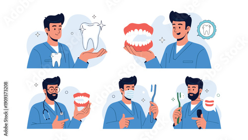 Set of professional male dentist characters in blue scrubs showing various dental health icons, toothbrushes, and models.