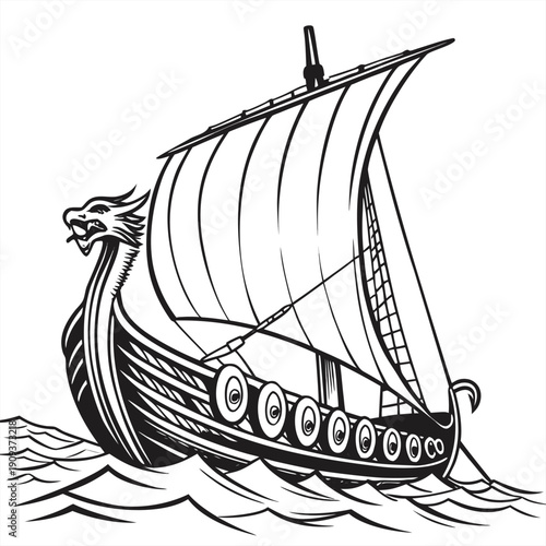 A detailed black and white illustration of a Viking ship sailing on the water. The ship is the primary subject, centered in the frame, and depicted from a slightly low angle, emphasizing its form. The