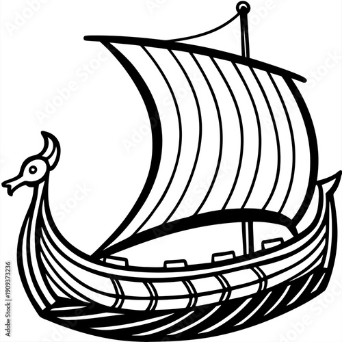 A detailed black and white illustration of a Viking ship sailing on the water. The ship is the primary subject, centered in the frame, and depicted from a slightly low angle, emphasizing its form. The
