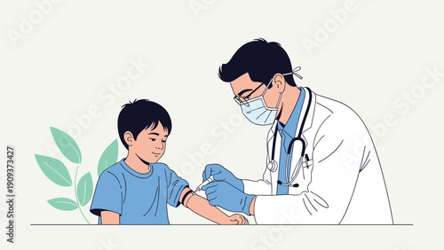 Male pediatrician wearing a face mask and protective gloves administers a vaccine shot to a young boy in a clinic setting.