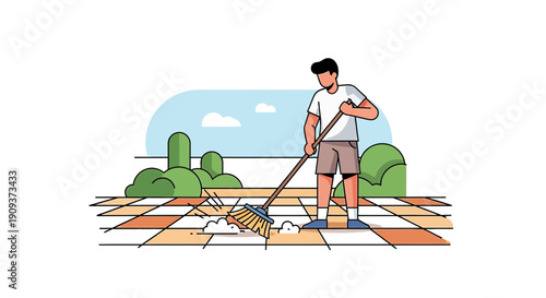 Man sweeping patio with broom, outdoor cleaning, spring garden maintenance