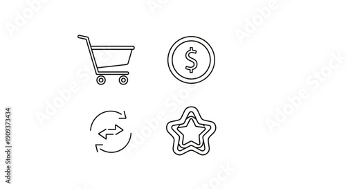 Shopping Cart, Coin, Exchange, Star Icons: E-commerce, Finance, Loyalty, and Service Concepts