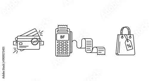 Shopping icons: Credit card, POS terminal, shopping bag with sale tag