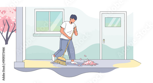 Man Sweeping Petals Outside House with Cherry Blossom Tree
