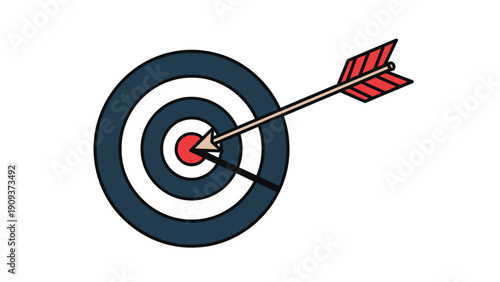 Red and black arrow hits the center of a circular target representing success, achievement, and hitting business goals perfectly.