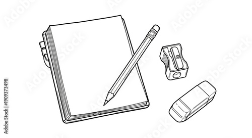 Sketchbook, Pencil, Eraser, Sharpener - Hand-Drawn Illustration of Art Supplies
