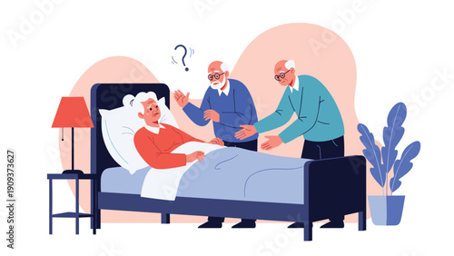Elderly woman lying in bed looks distressed while two senior men stand beside her looking concerned and confused in a bedroom.
