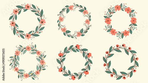 Set of six decorative floral wreaths with delicate pink flowers and green leaves arranged on a soft cream-colored background.