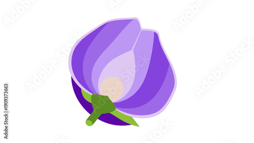 Stylized, geometric depiction of a flower with purple petals and green stem, on white